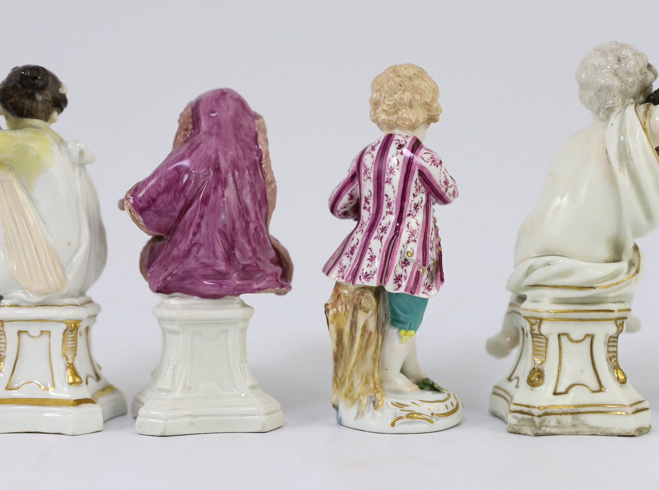 Six Meissen porcelain figures of putti and a boy, second half 18th century, 8.5cm - 14.5cm high, restorations